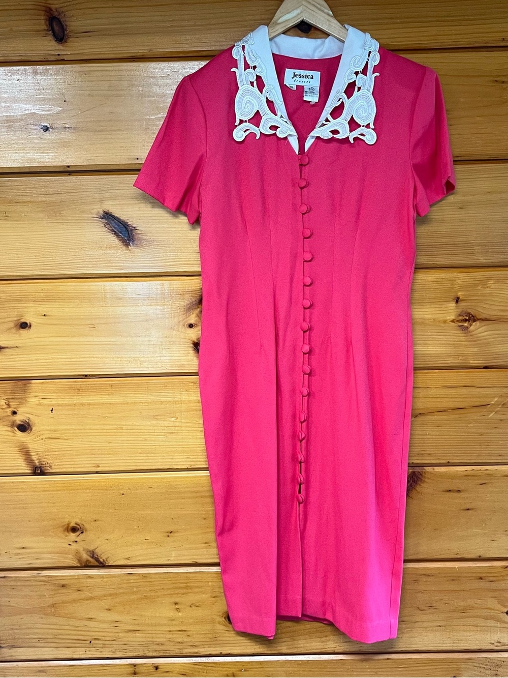 VTG Jessica Hot Pink Midi Dress with White Lace Collar Buttons Down 3/4